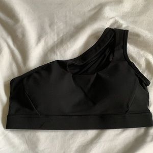AMAZON One Shoulder Mesh and Fabric Strappy Sport Bra Top - Black